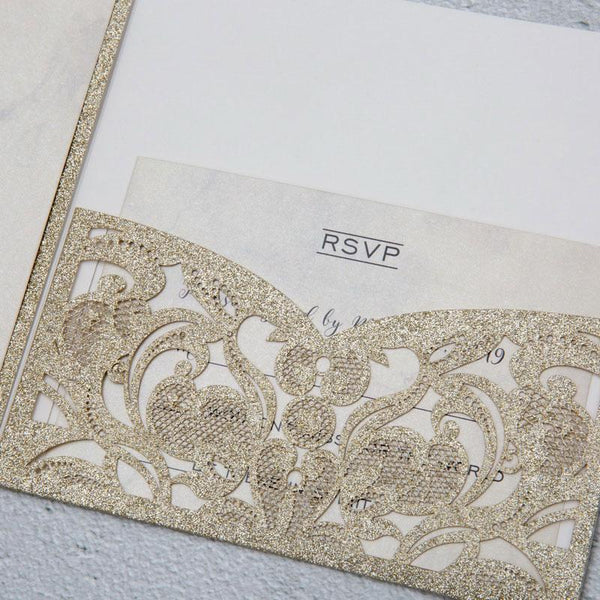 glitter laser cut wedding invitation